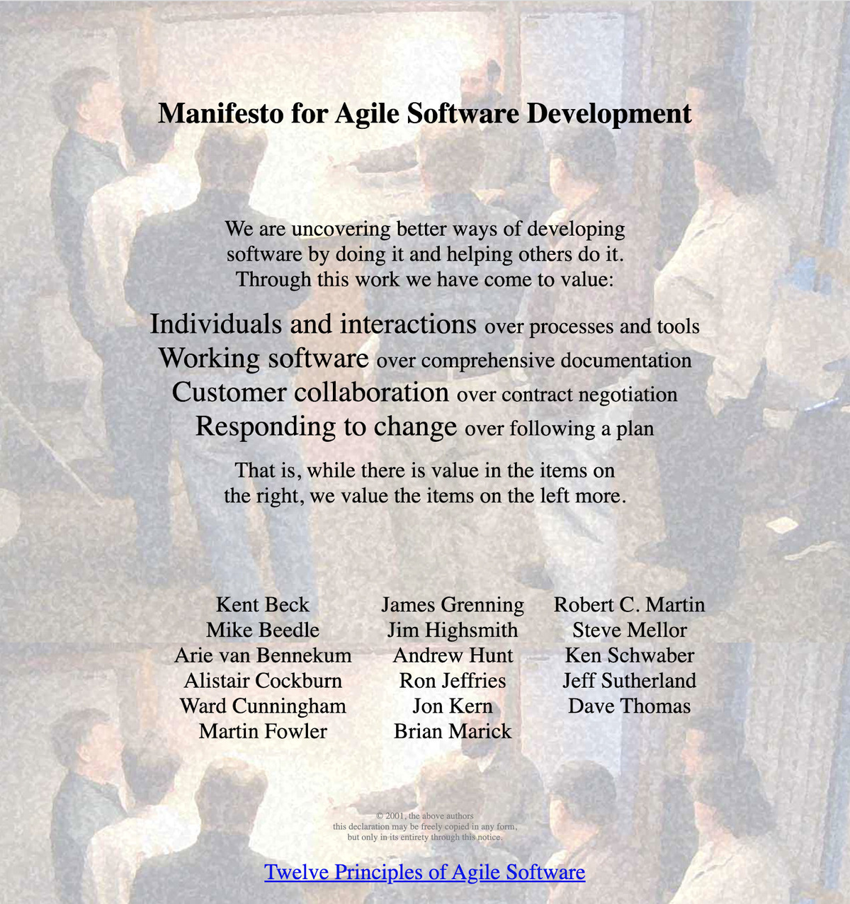 Manifesto for Agile Software Development, listing core values and signatories against a background of people