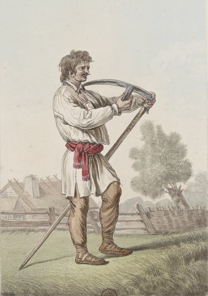 Watercolor illustration of a peasant using a scythe in a rural landscape, wearing traditional clothing