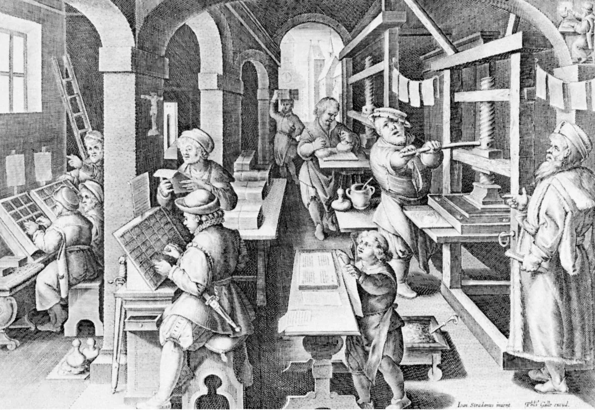 A historical woodcut of a printing workshop with craftsmen working on printing presses and preparing type