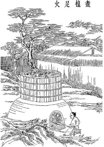 Traditional Chinese illustration of paper making, showing a large wooden vat and a worker tending a fire