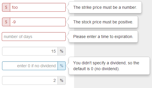 A form validation example on the black-scholes calculator